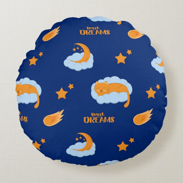 Cute sleeping cat on a cloud, sweet dreams round pillow (Front)