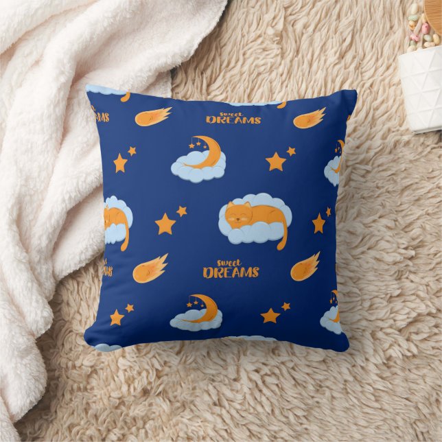 Cute sleeping cat on a cloud, sweet dreams throw pillow (Blanket)