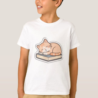 Cute Sleeping Cat on Books Kids T-Shirt