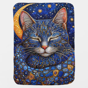 Cute Sleeping Cat on Crescent Moon Cozy Nursery 🌙 Baby Blanket