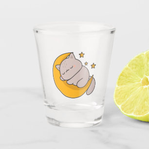 Cute Sleeping Cat on Crescent Moon Shot Glass