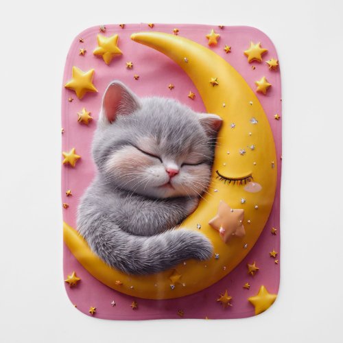 Cute Sleeping Cat on Moon Nursery Baby Burp Cloth