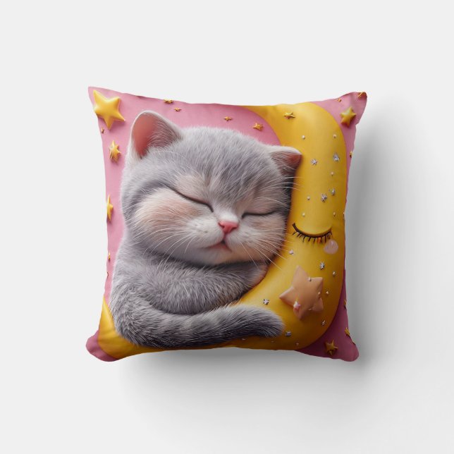 Cute Sleeping Cat on Moon Nursery Throw Pillow (Front)