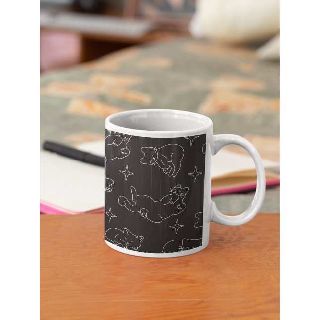 Cute Sleeping Cat Pattern  Cozy Night Theme Coffee Mug (Cute sleeping cat aesthetic mug for cozy coffee lovers.)