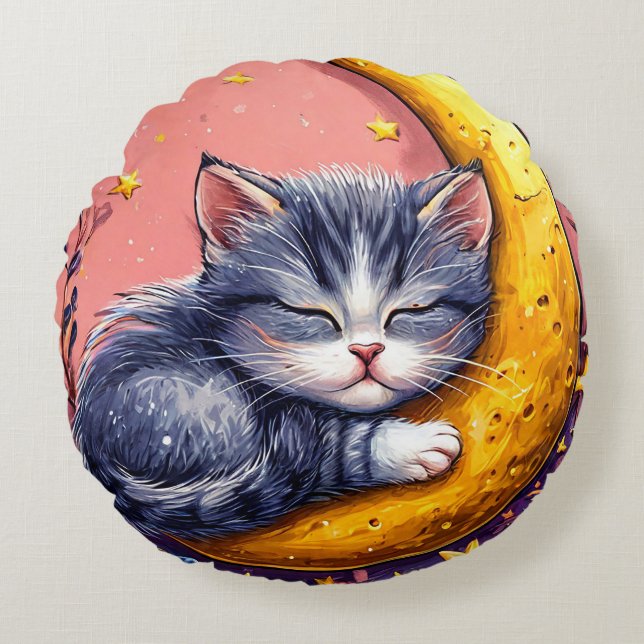 Cute sleeping cat resting on a crescent moon round pillow (Front)