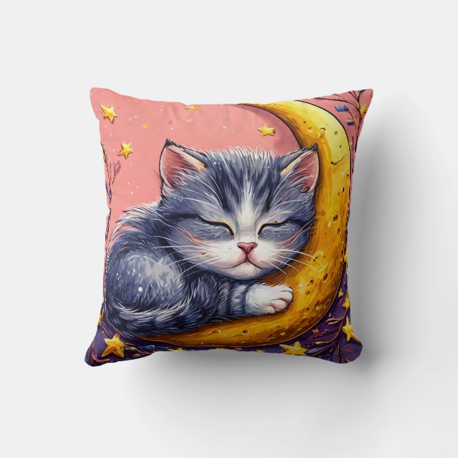 Cute sleeping cat resting on a crescent moon throw pillow (Back)