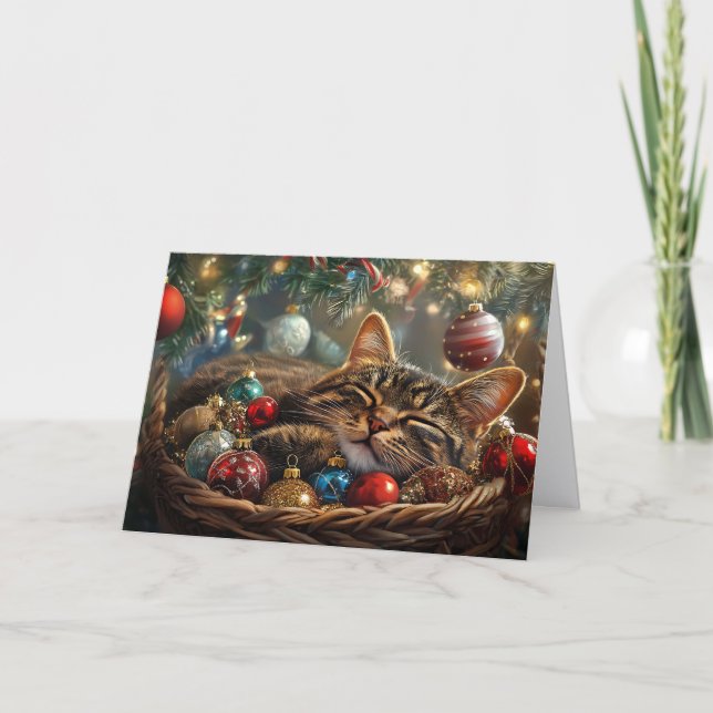 Cute Sleeping Cat Under Christmas Tree Holiday Card (Front)