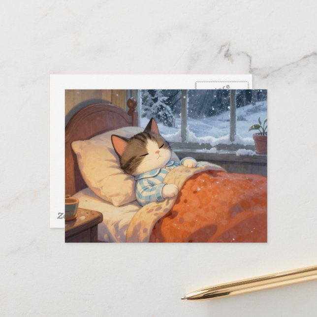 Cute Sleeping Cat Winter Snow Outside Postcard (Front/Back In Situ)