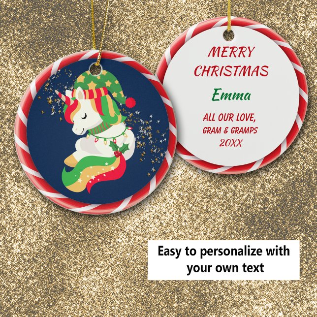 Cute Sleeping Christmas Unicorn with Gold Stars Ceramic Ornament (Creator Uploaded)