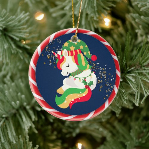 Cute Sleeping Christmas Unicorn with Gold Stars Ceramic Ornament