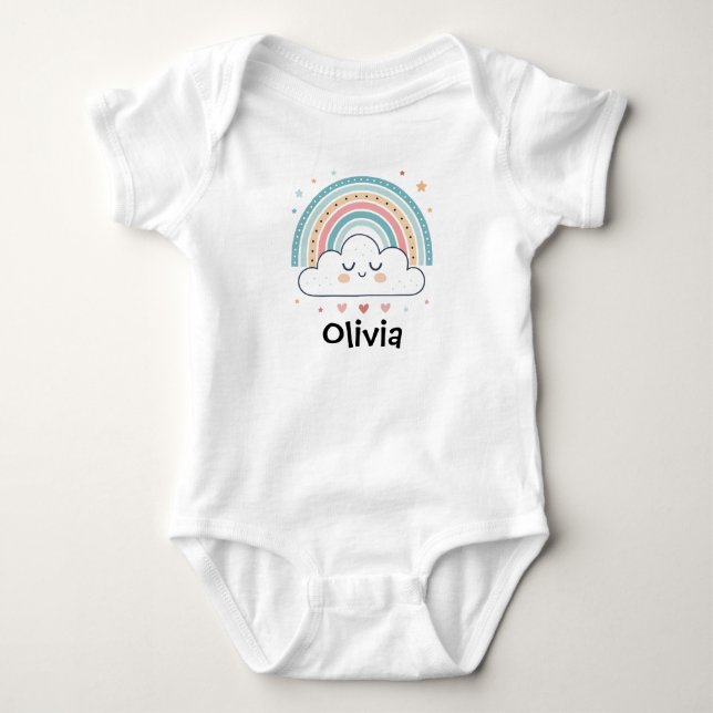 Cute Sleeping Cloud & Pastel Rainbow Baby Bodysuit (Front)