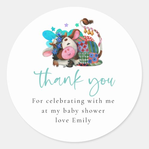Cute Sleeping Cow Script Baby Shower Thank You Classic Round Sticker