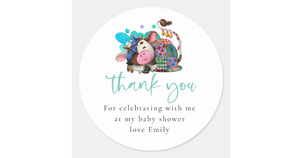 Cute Sleeping Cow Script Baby Shower Thank You Classic Round Sticker ...