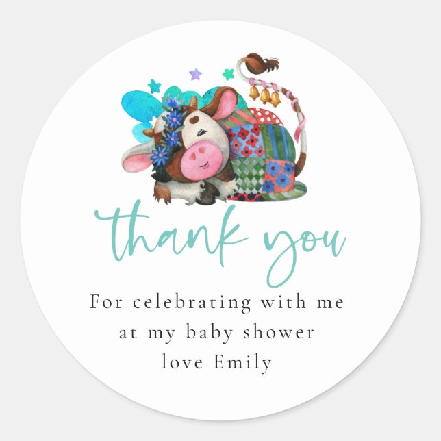 Cute Sleeping Cow Script Baby Shower Thank You Classic Round Sticker (Front)