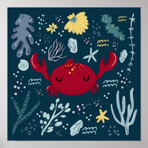Cute Sleeping Crab Underwater Doodle Poster