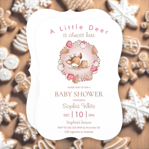 Cute Sleeping Deer Pink Christmas Baby Shower Invitation