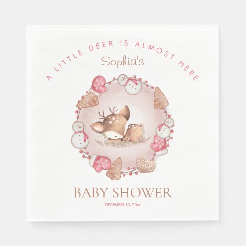 Cute Sleeping Deer Pink Christmas Baby Shower Napkins