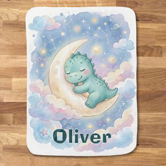 Cute Sleeping Dinosaur on Crescent Moon Baby Blanket