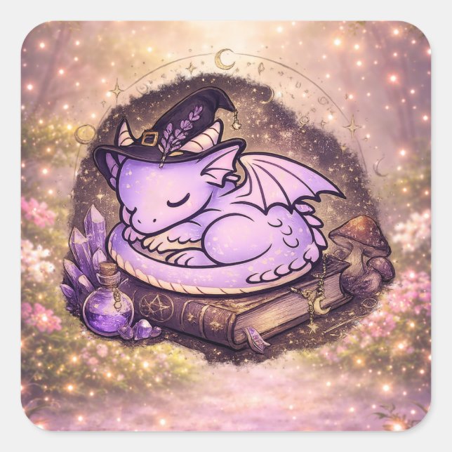 Cute Sleeping Dragon Witchy Square Sticker (Front)