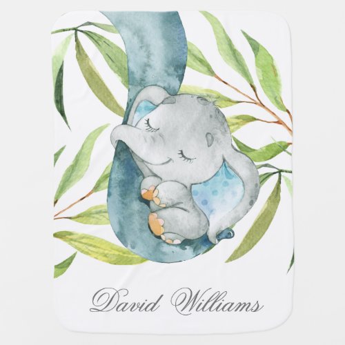 Cute Sleeping Elephant Baby Boy Personalized Baby Blanket