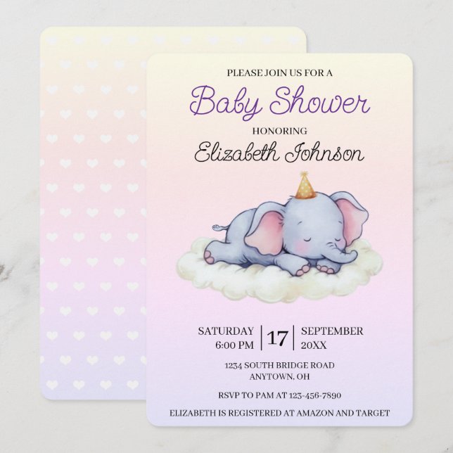 Cute Sleeping Elephant Baby Shower Invitation (Front/Back)