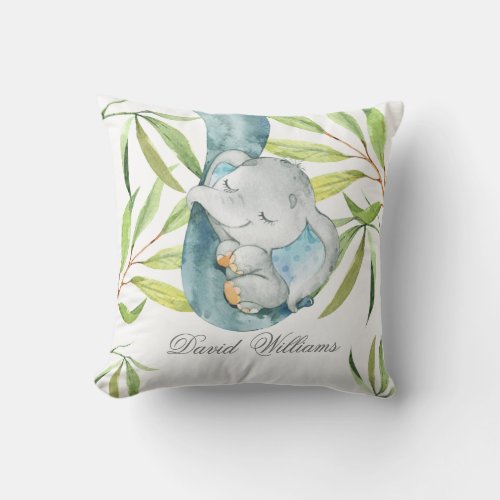 Cute Sleeping Elephant Boy Nursery Personalized Throw Pillow