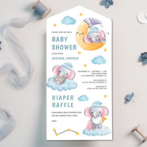 Cute Sleeping Elephant Crescent Moon Baby Shower All In One Invitation