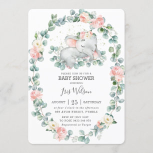 Cute Sleeping Elephant Greenery Baby Shower Girl Invitation