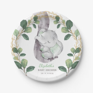 Cute Sleeping Elephant Greenery Gold Baby Shower Paper Plates