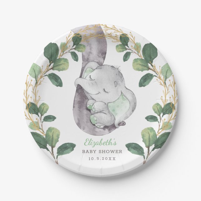 Cute Sleeping Elephant Greenery Gold Baby Shower Paper Plates (Front)