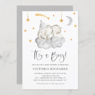 Cute Sleeping Elephant It's a Boy Gray Baby Shower Invitation