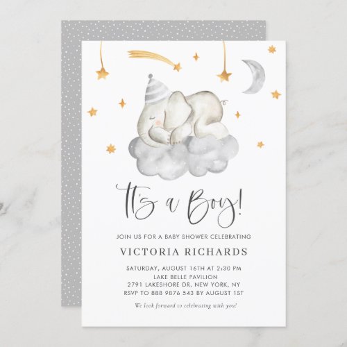 Cute Sleeping Elephant Its a Boy Gray Baby Shower Invitation