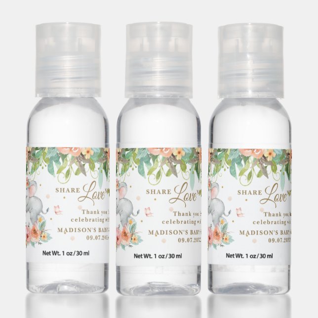 Cute Sleeping Elephant Peach Floral Baby Shower Hand Sanitizer (Set)
