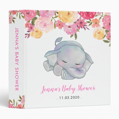 Cute Sleeping Elephant Pink Floral Baby Shower 3 Ring Binder