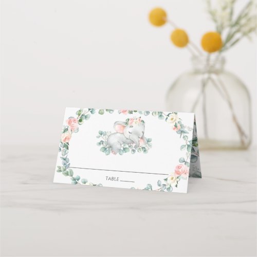 Cute Sleeping Elephant Pink Floral Baby Shower Place Card