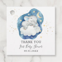 Cute Sleeping Elephant Stars Baby Boy Thank You Favor Tags