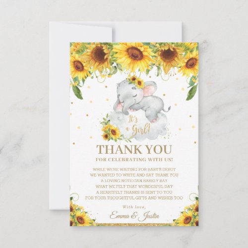 Cute Sleeping Elephant Sunflower Baby Shower Thank You Card