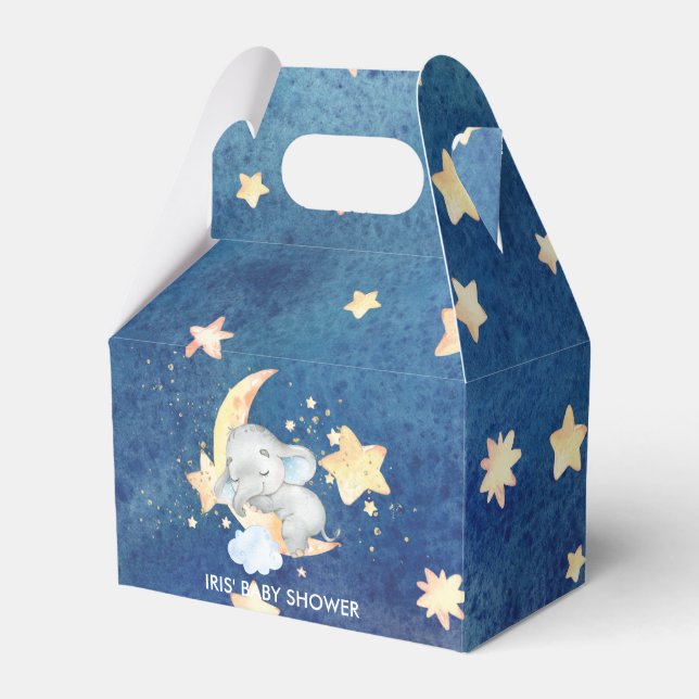 Cute Sleeping Elephant Twinkle Star Moon Baby Boy Favor Boxes (Front Side)
