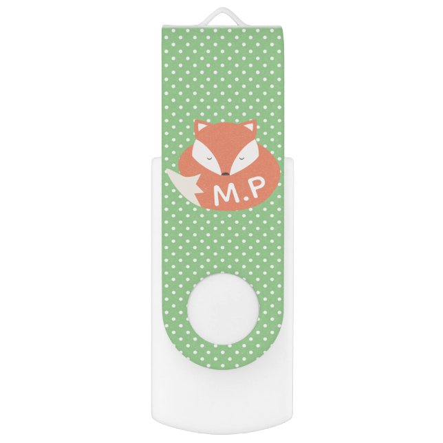 Cute Sleeping Fox and Dots Monogram Flash Drive (Front Vertical)