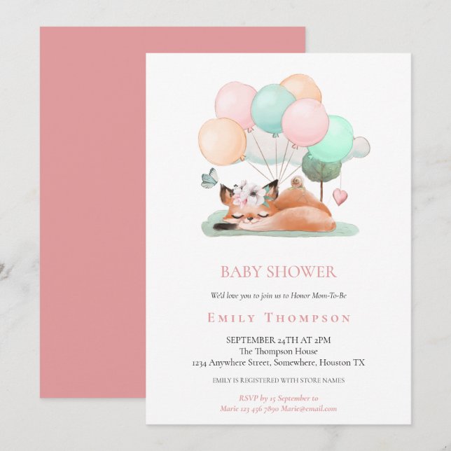 Cute Sleeping Fox Balloon Motif Pink Baby Shower Invitation (Front/Back)