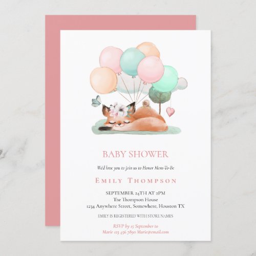 Cute Sleeping Fox Balloon Motif Pink Baby Shower Invitation