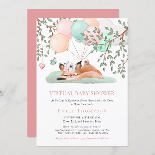 Cute Sleeping Fox Balloon Pink Virtual Baby Shower Invitation