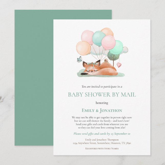 Cute Sleeping Fox Balloon Teal Baby Shower By Mail Invitation (Front/Back)
