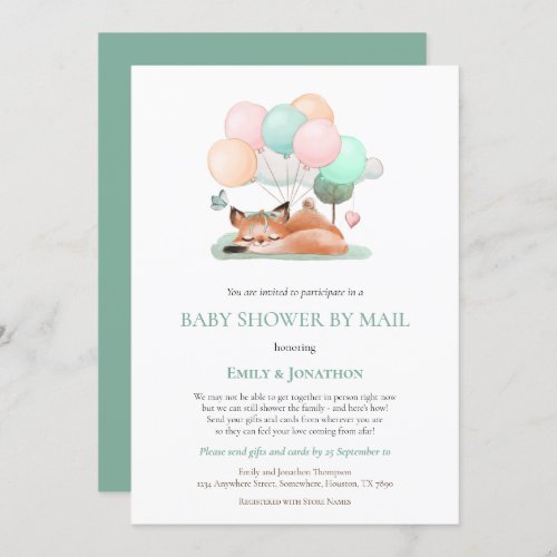 Cute Sleeping Fox Balloon Teal Baby Shower By Mail Invitation