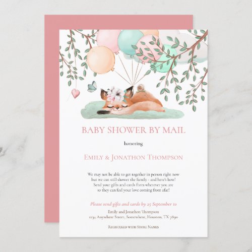 Cute Sleeping Fox Balloons Baby Shower By Mail Invitation