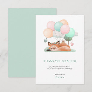 Cute Sleeping Fox Balloons Motif Teal Baby Shower Thank You Card