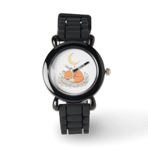 Cute Sleeping Fox on Quilt under Crescent Moon AI Watch