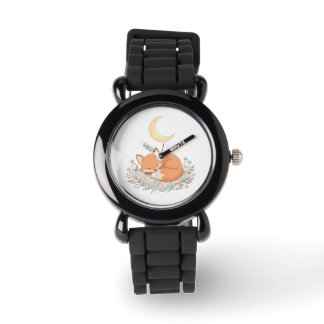 Cute Sleeping Fox on Quilt under Crescent Moon AI Watch