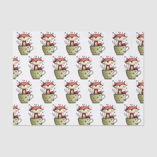 Cute Sleeping Fox Teacup Floral Daisy Whimsical Tissue Paper