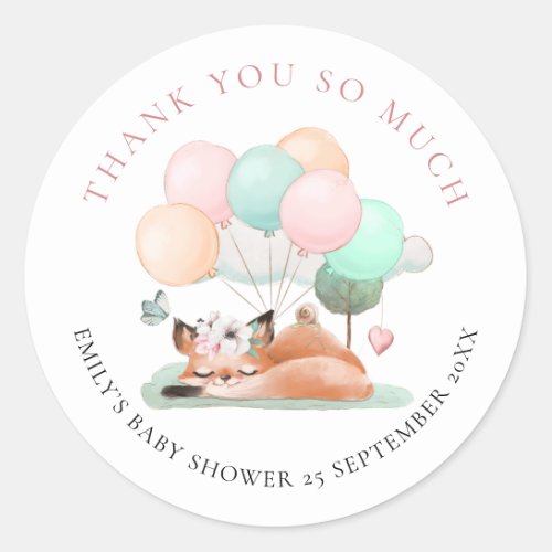 Cute Sleeping Fox Thank You Pink Baby Shower favor Classic Round Sticker